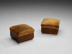 1930s Italian Art Deco Ottomans in Walnut and Brown Velvet