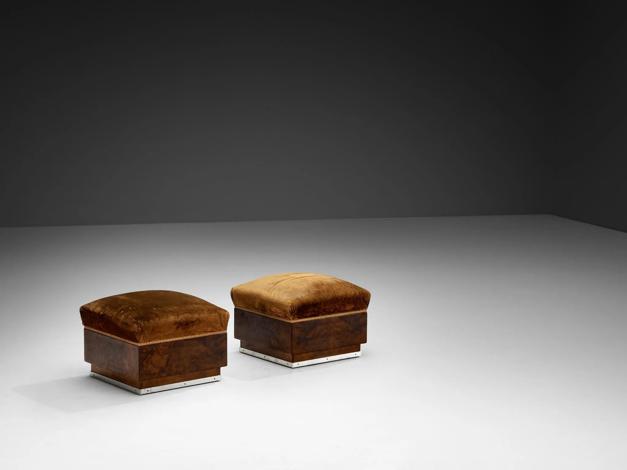 1930s Italian Art Deco Ottomans in Walnut and Brown Velvet