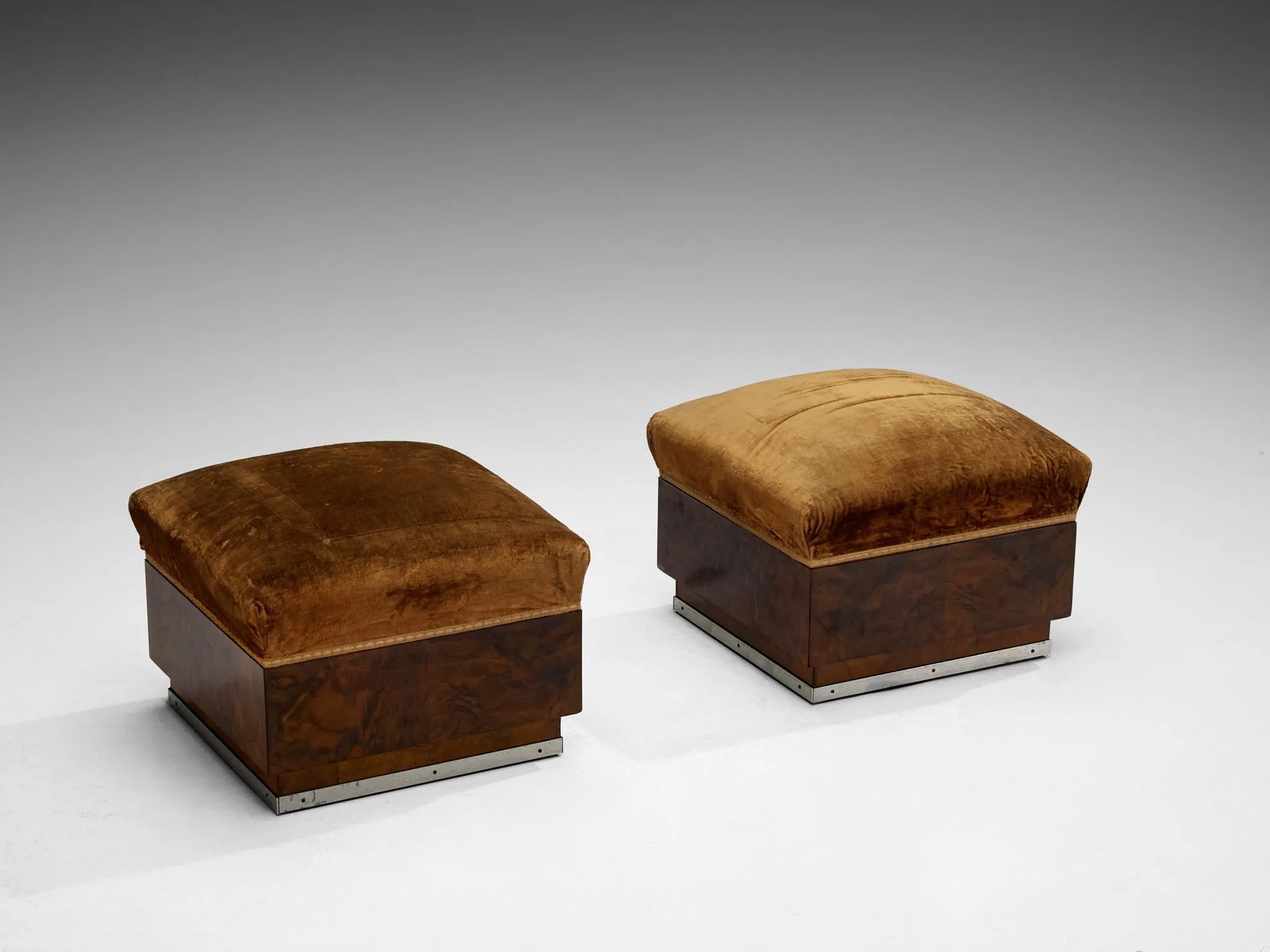 1930s Italian Art Deco Ottomans in Walnut and Brown Velvet