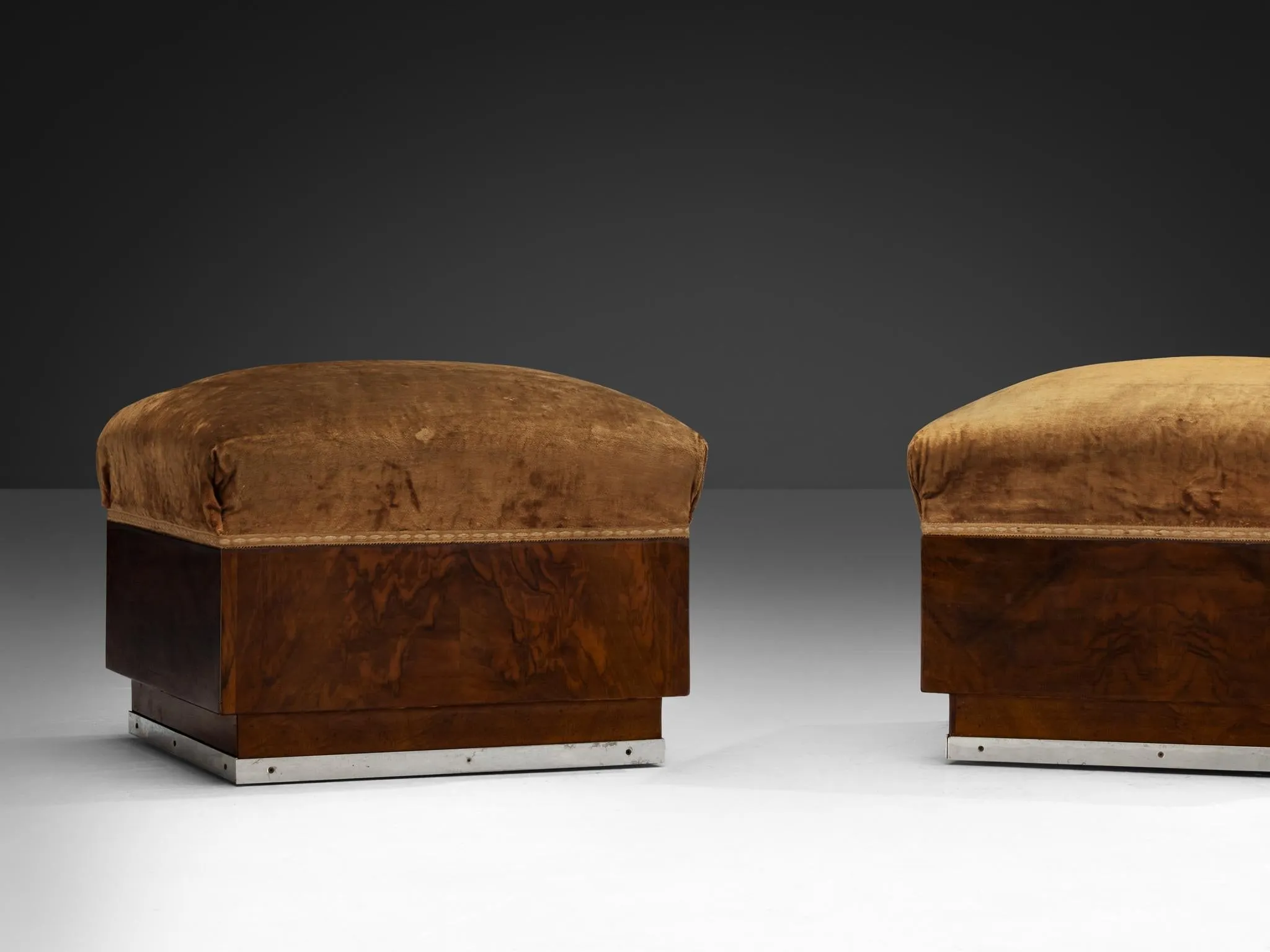 1930s Italian Art Deco Ottomans in Walnut and Brown Velvet