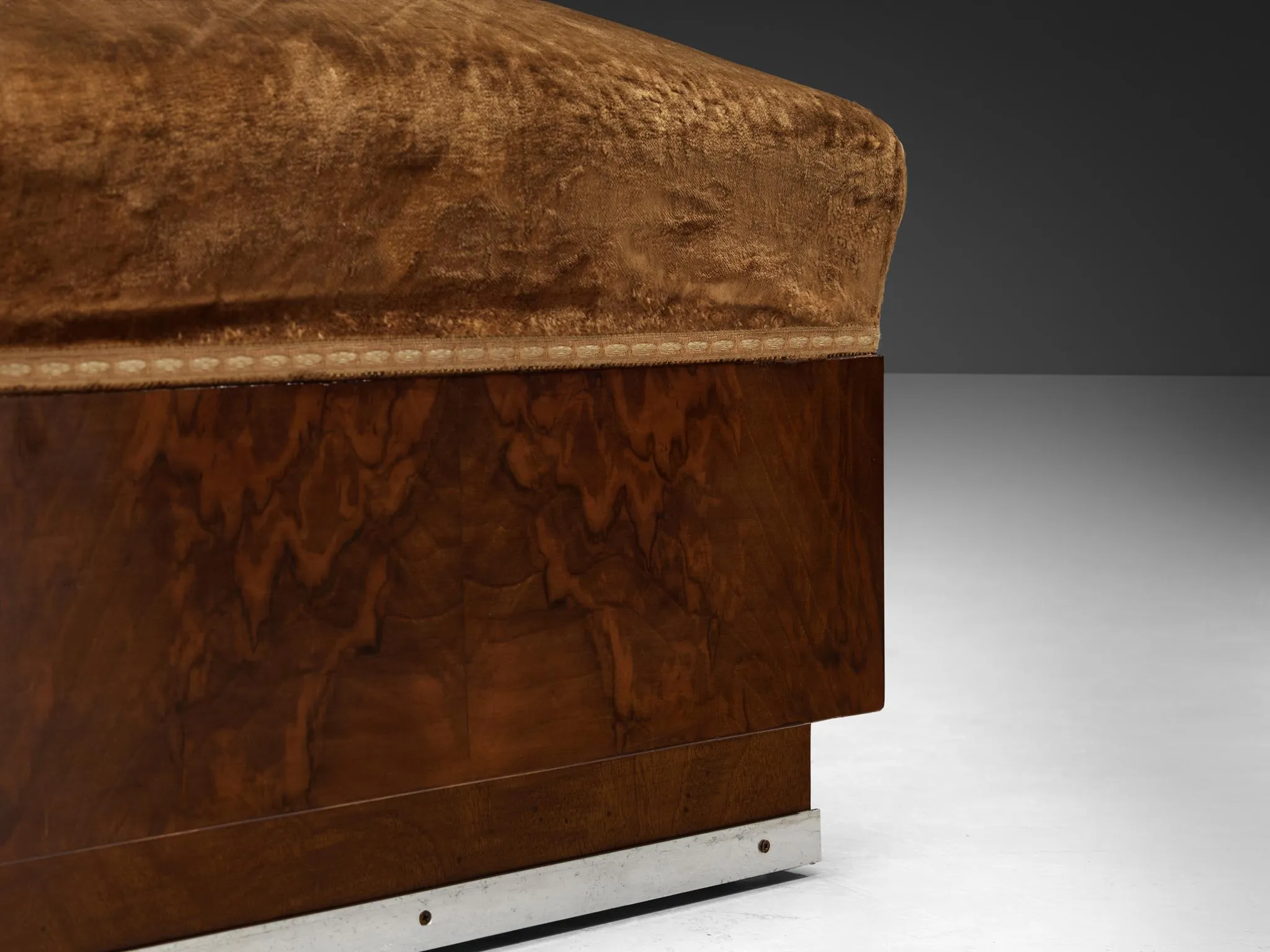 1930s Italian Art Deco Ottomans in Walnut and Brown Velvet