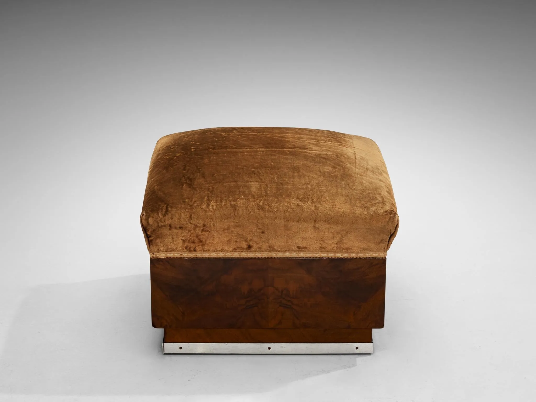 1930s Italian Art Deco Ottomans in Walnut and Brown Velvet