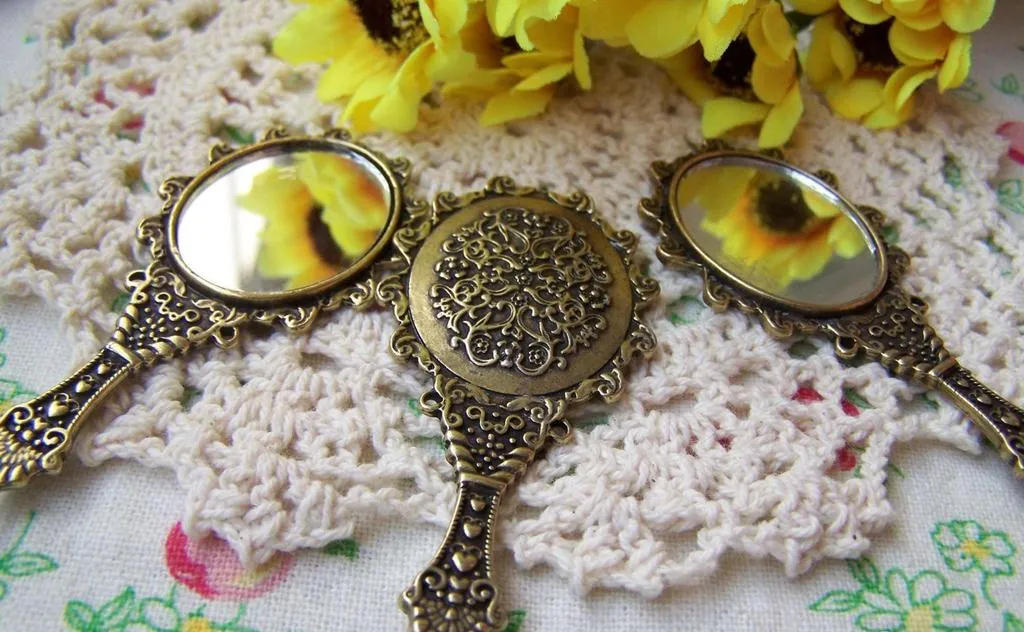 2 pcs Antique Bronze Victorian Glass Hand Mirror Pendant A1779