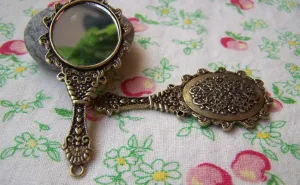 2 pcs Antique Bronze Victorian Glass Hand Mirror Pendant A1779