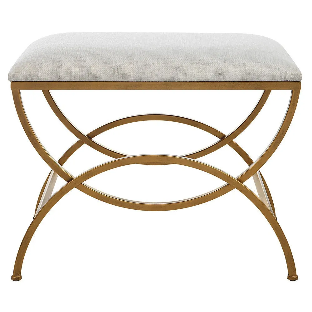 24 Inch Accent Stool, Cushioned, Double Arched, Off White Upholstery, Gold By Casagear Home