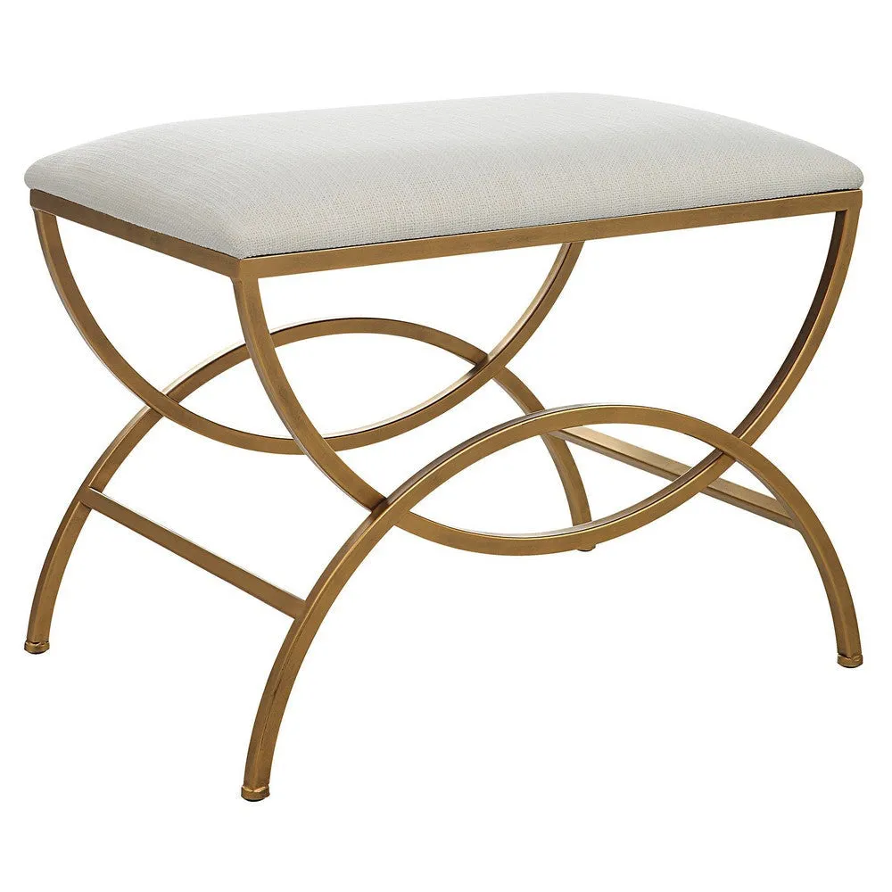 24 Inch Accent Stool, Cushioned, Double Arched, Off White Upholstery, Gold By Casagear Home