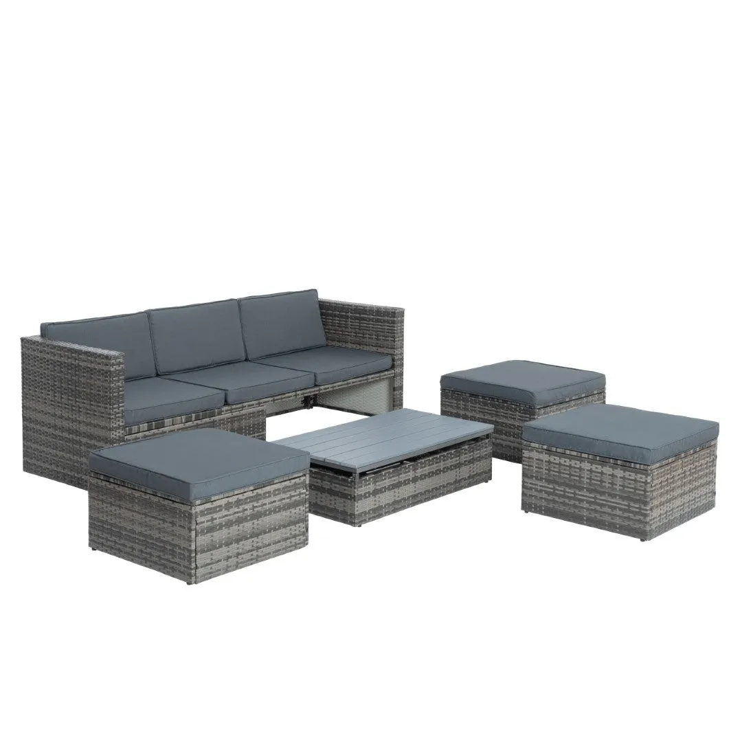 5-Piece PE Wicker Patio Furniture Set with Coffee Table, Lift-Top Table, and Lounger Sofa