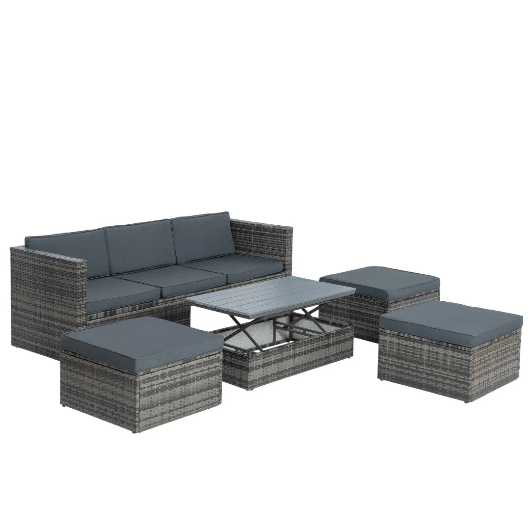 5-Piece PE Wicker Patio Furniture Set with Coffee Table, Lift-Top Table, and Lounger Sofa