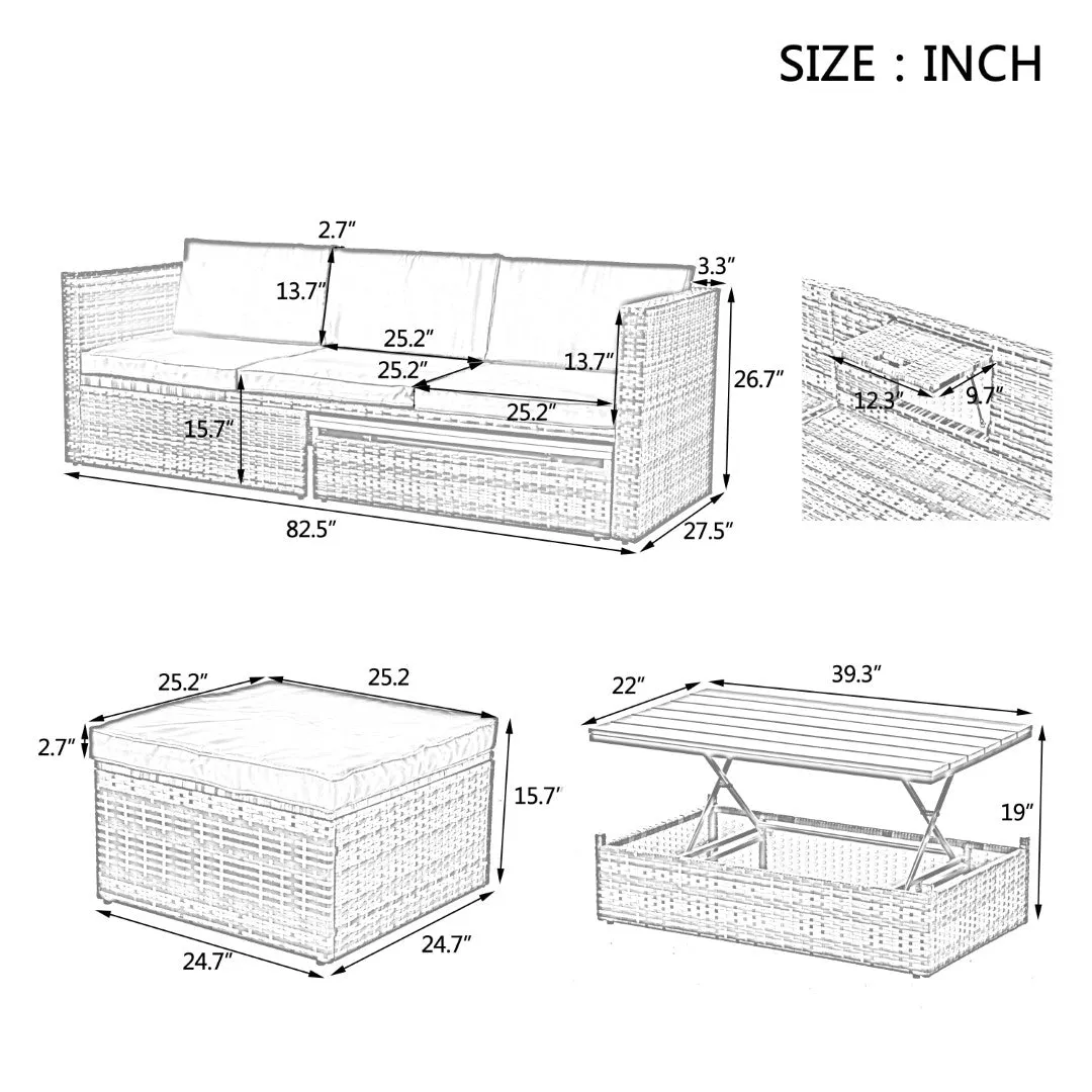 5-Piece PE Wicker Patio Furniture Set with Coffee Table, Lift-Top Table, and Lounger Sofa