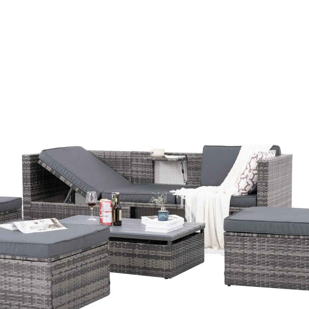 5-Piece PE Wicker Patio Furniture Set with Coffee Table, Lift-Top Table, and Lounger Sofa