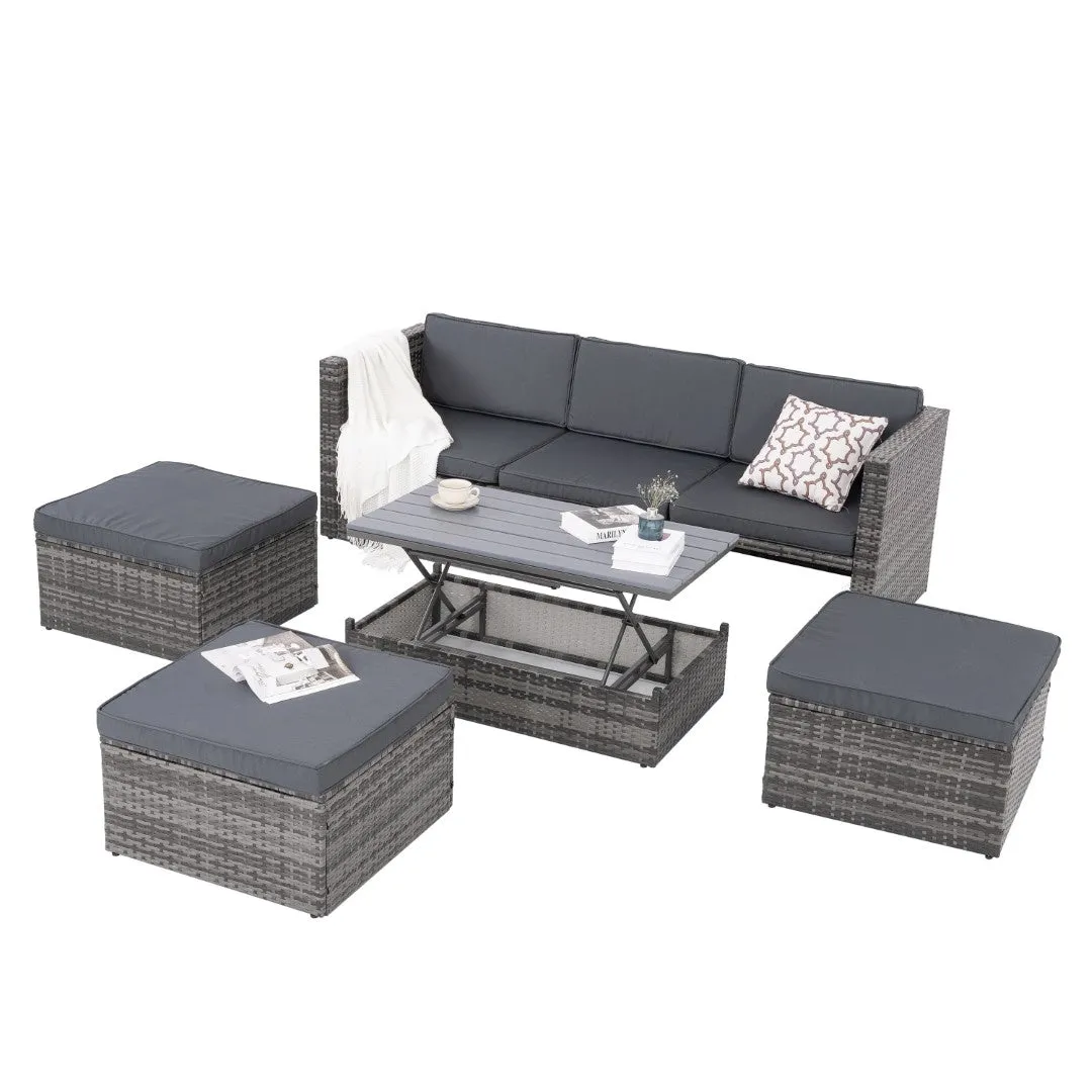 5-Piece PE Wicker Patio Furniture Set with Coffee Table, Lift-Top Table, and Lounger Sofa