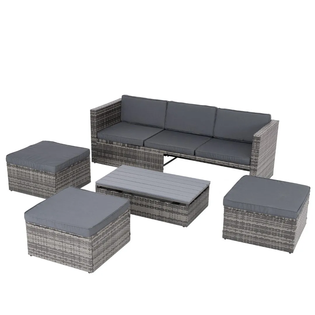 5-Piece PE Wicker Patio Furniture Set with Coffee Table, Lift-Top Table, and Lounger Sofa