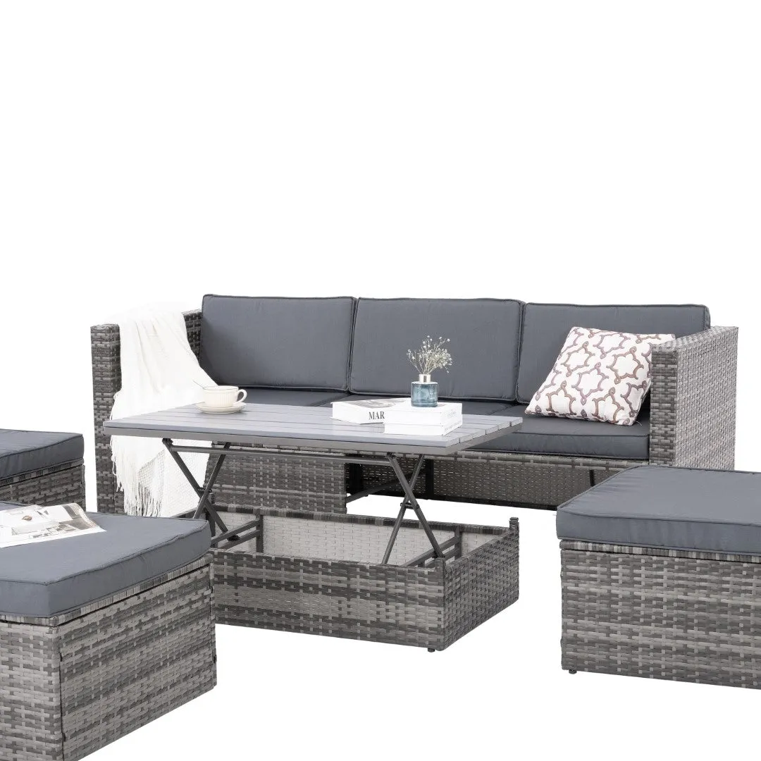 5-Piece PE Wicker Patio Furniture Set with Coffee Table, Lift-Top Table, and Lounger Sofa