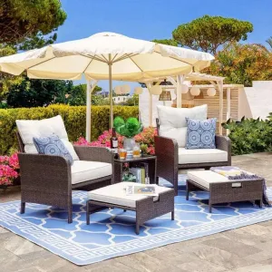 5 Pieces Outdoor Wicker Patio Furniture Set,All Weather PE Rattan Conversation Set with Cushioned Patio Lounge Chairs