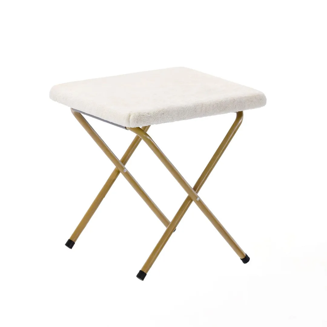 56" Portable Folding Double Saucer Chair with 2 Folding Ottomans Ivory Faux Shearling with a Soft Gold Steel Frame for Dorm or Bedroom