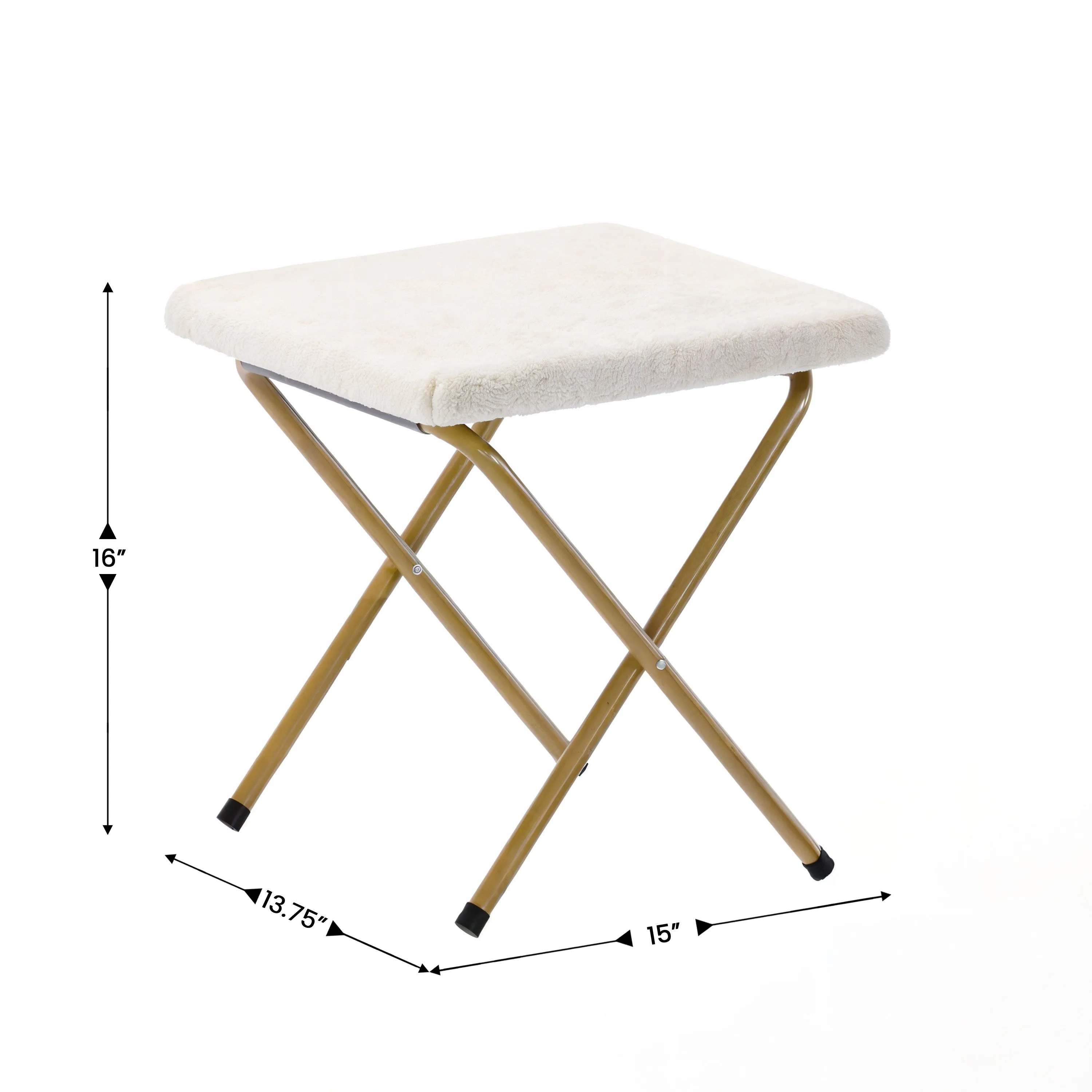 56" Portable Folding Double Saucer Chair with 2 Folding Ottomans Ivory Faux Shearling with a Soft Gold Steel Frame for Dorm or Bedroom