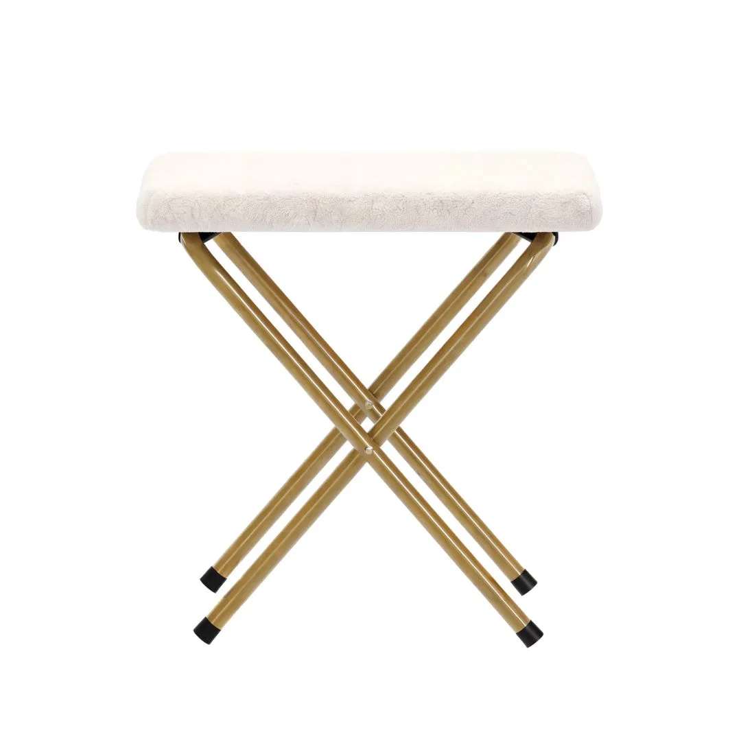 56" Portable Folding Double Saucer Chair with 2 Folding Ottomans Ivory Faux Shearling with a Soft Gold Steel Frame for Dorm or Bedroom