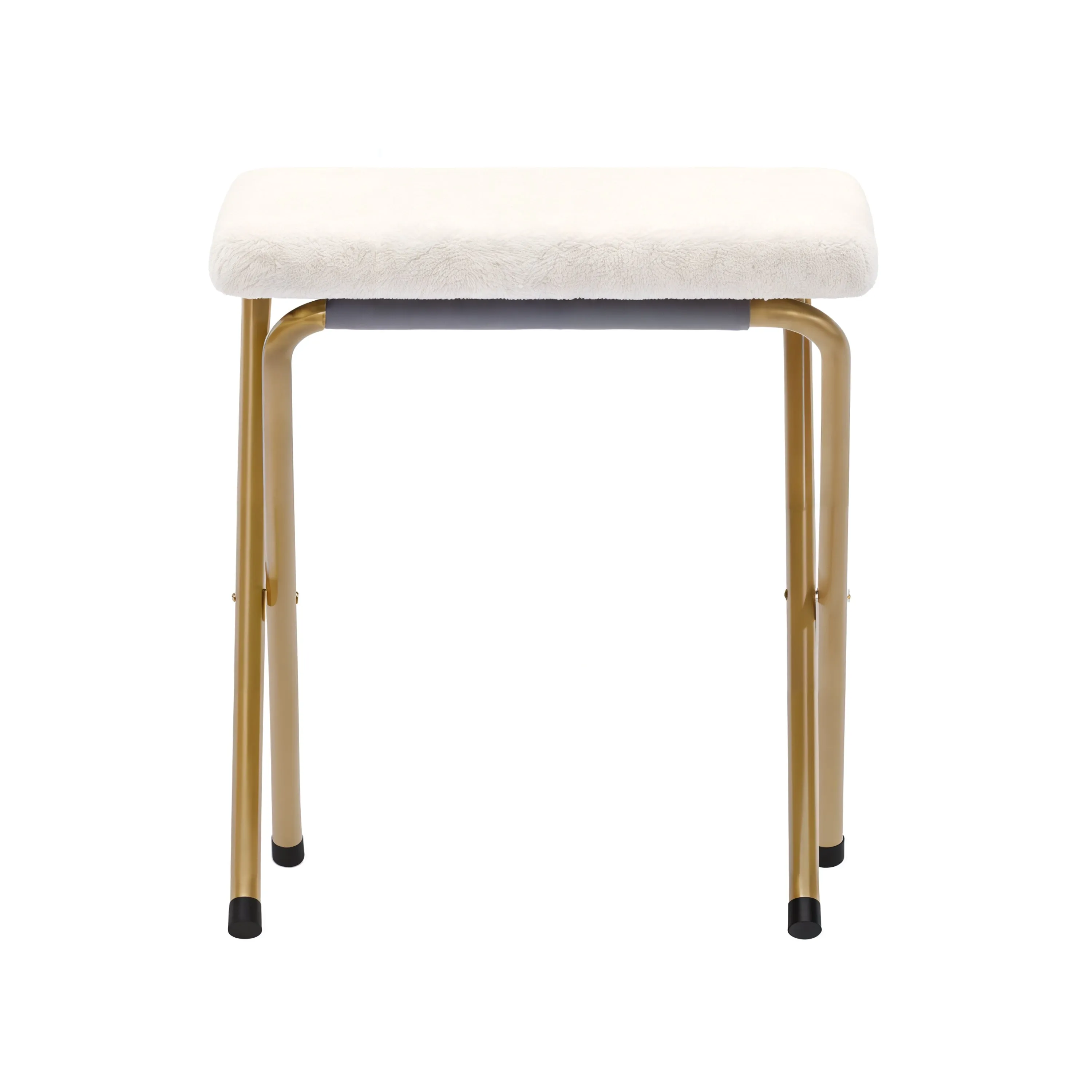 56" Portable Folding Double Saucer Chair with 2 Folding Ottomans Ivory Faux Shearling with a Soft Gold Steel Frame for Dorm or Bedroom