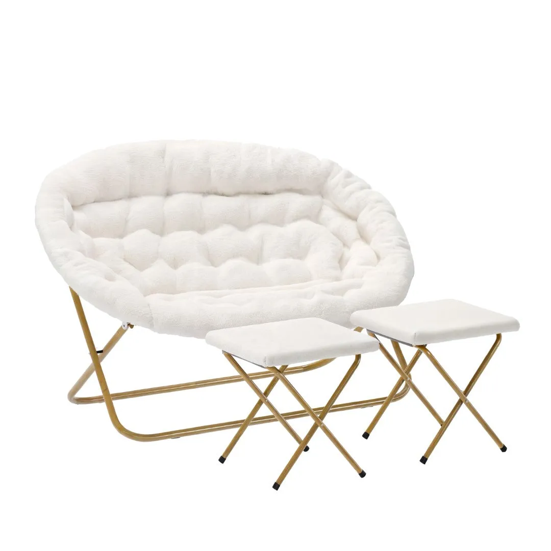 56" Portable Folding Double Saucer Chair with 2 Folding Ottomans Ivory Faux Shearling with a Soft Gold Steel Frame for Dorm or Bedroom