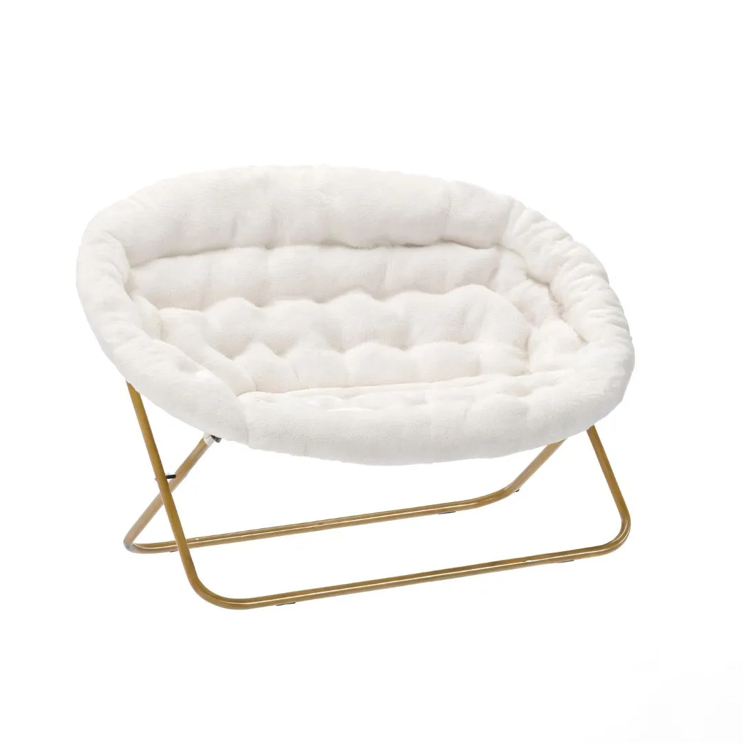 56" Portable Folding Double Saucer Chair with 2 Folding Ottomans Ivory Faux Shearling with a Soft Gold Steel Frame for Dorm or Bedroom