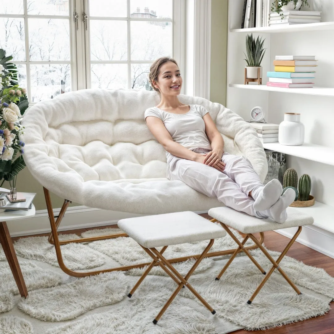 56" Portable Folding Double Saucer Chair with 2 Folding Ottomans Ivory Faux Shearling with a Soft Gold Steel Frame for Dorm or Bedroom