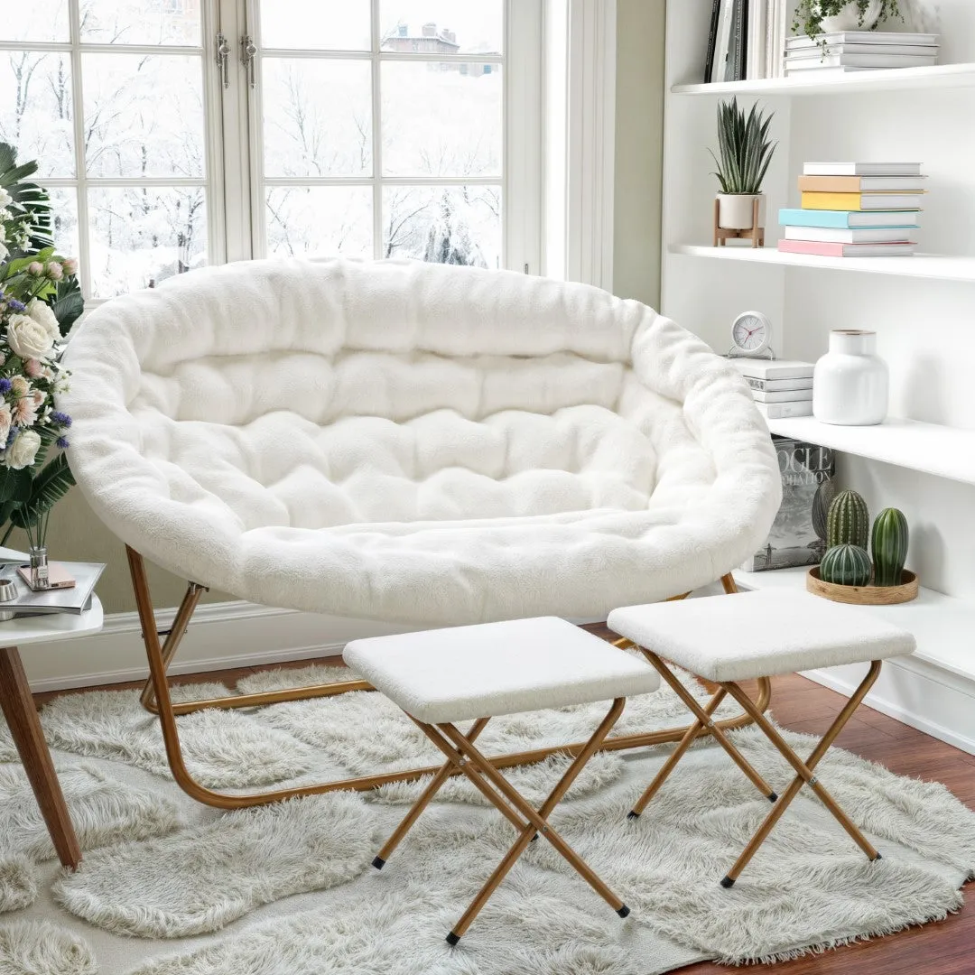 56" Portable Folding Double Saucer Chair with 2 Folding Ottomans Ivory Faux Shearling with a Soft Gold Steel Frame for Dorm or Bedroom