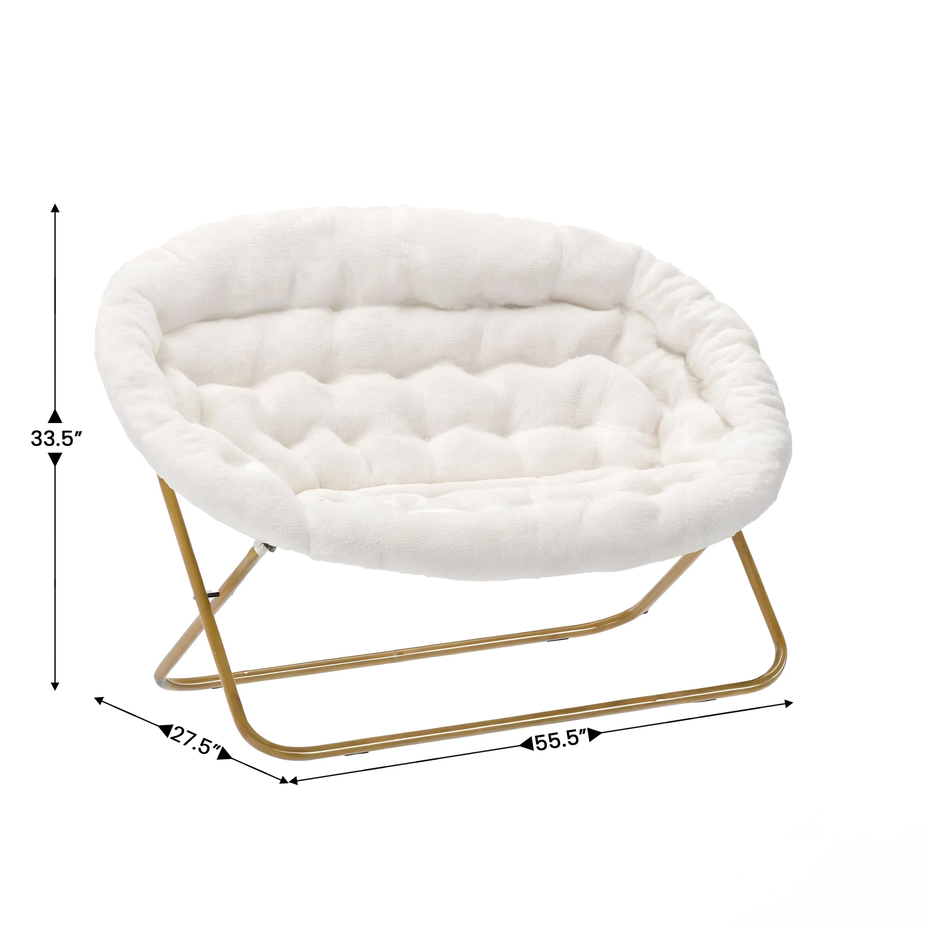 56" Portable Folding Double Saucer Chair with 2 Folding Ottomans Ivory Faux Shearling with a Soft Gold Steel Frame for Dorm or Bedroom