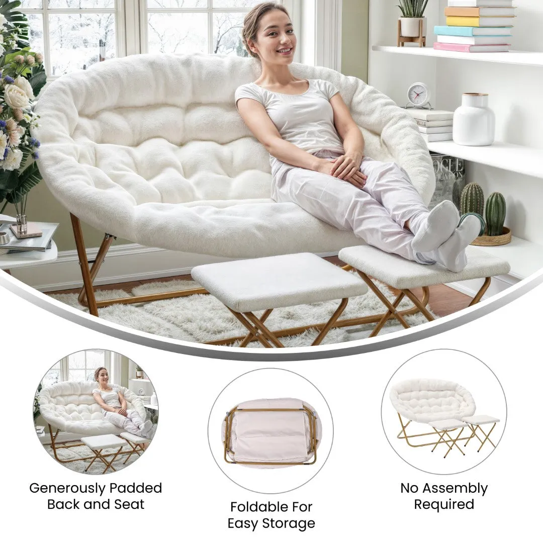 56" Portable Folding Double Saucer Chair with 2 Folding Ottomans Ivory Faux Shearling with a Soft Gold Steel Frame for Dorm or Bedroom