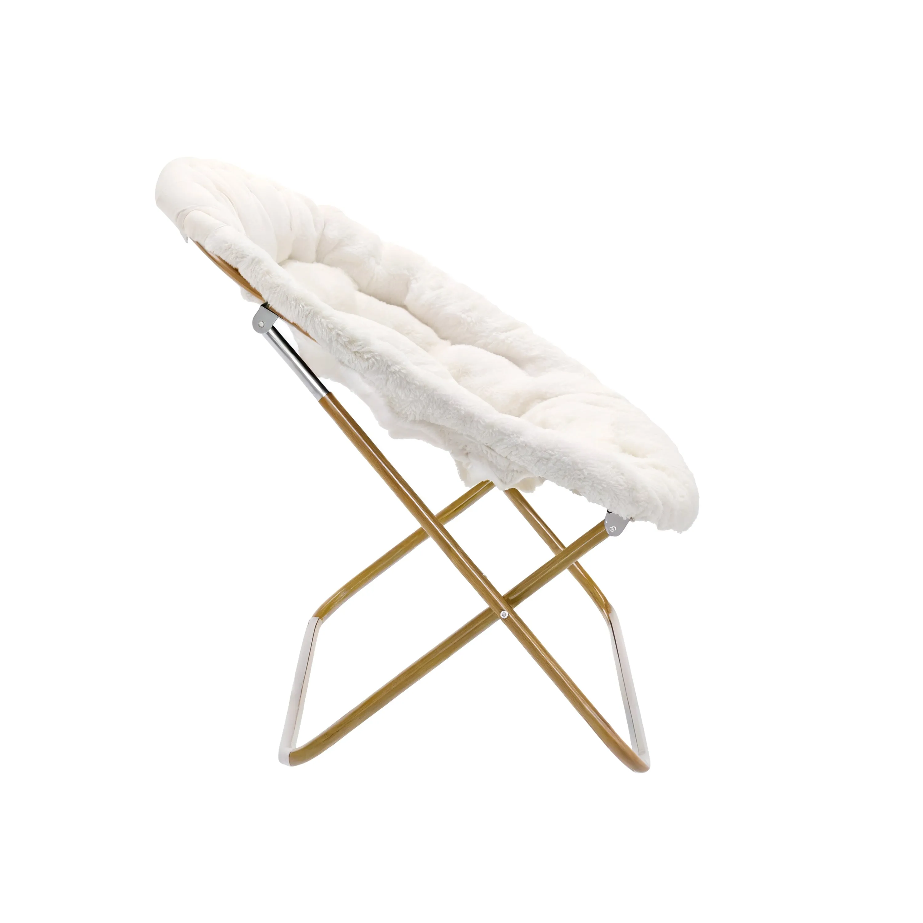 56" Portable Folding Double Saucer Chair with 2 Folding Ottomans Ivory Faux Shearling with a Soft Gold Steel Frame for Dorm or Bedroom