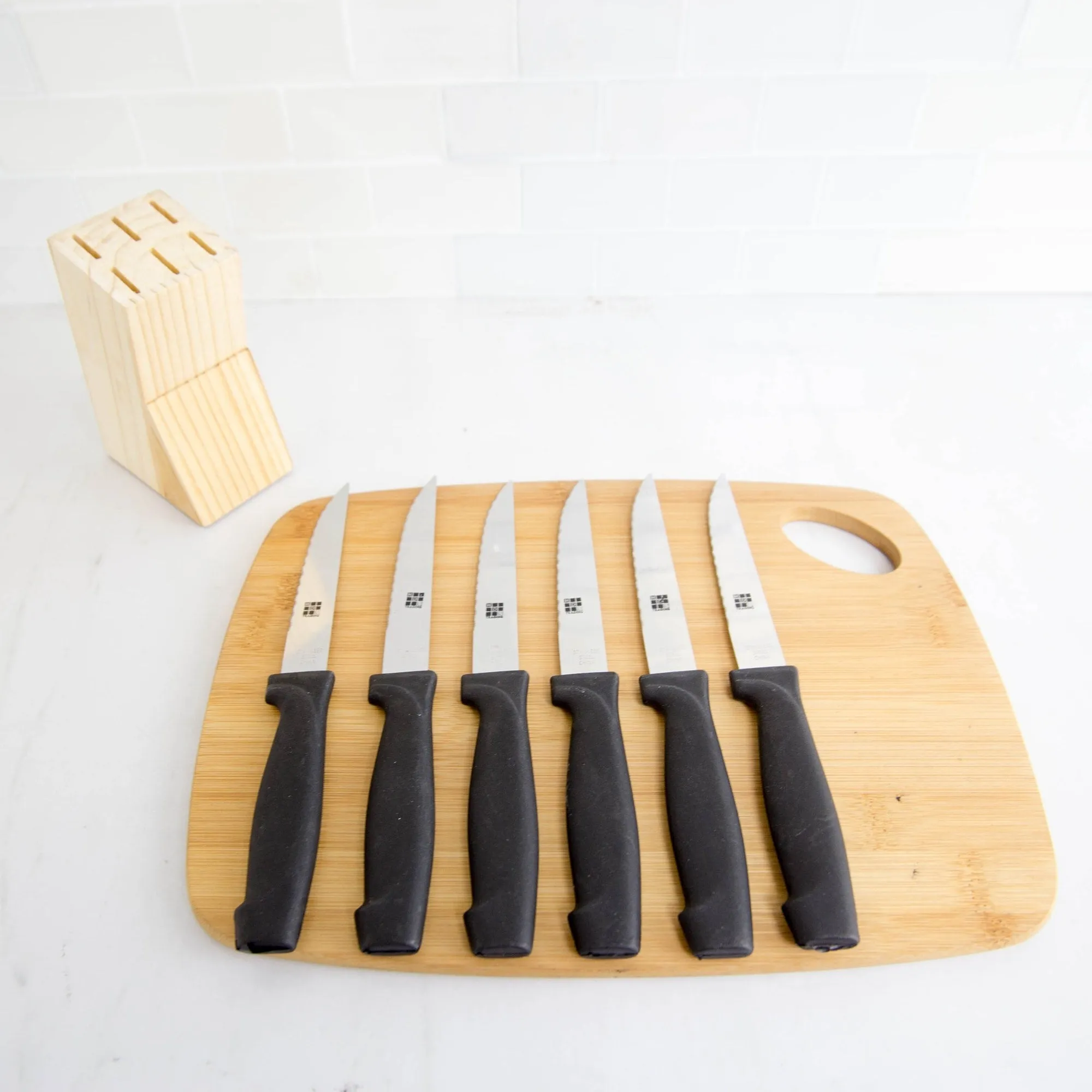 6 Piece Stainless Steel Steak Knife Set with All Natural Wood Display Block