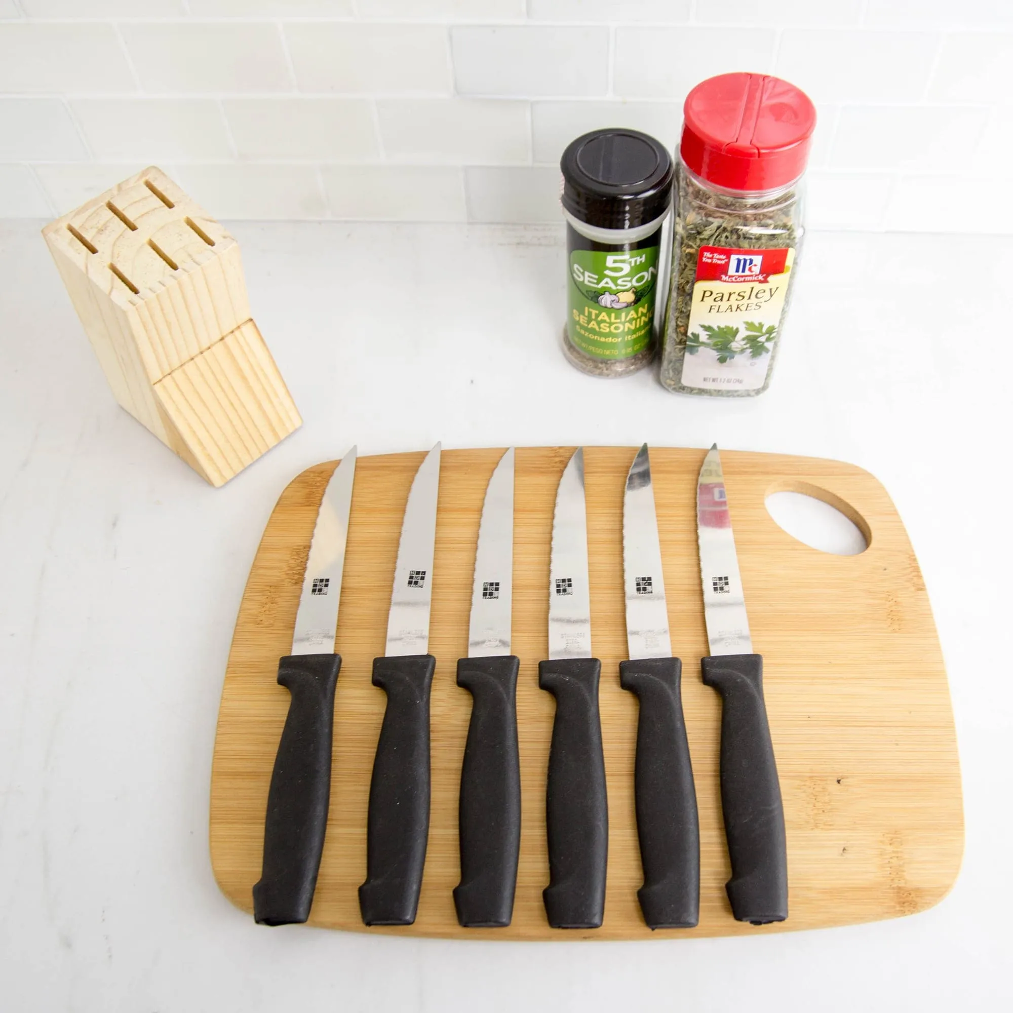 6 Piece Stainless Steel Steak Knife Set with All Natural Wood Display Block