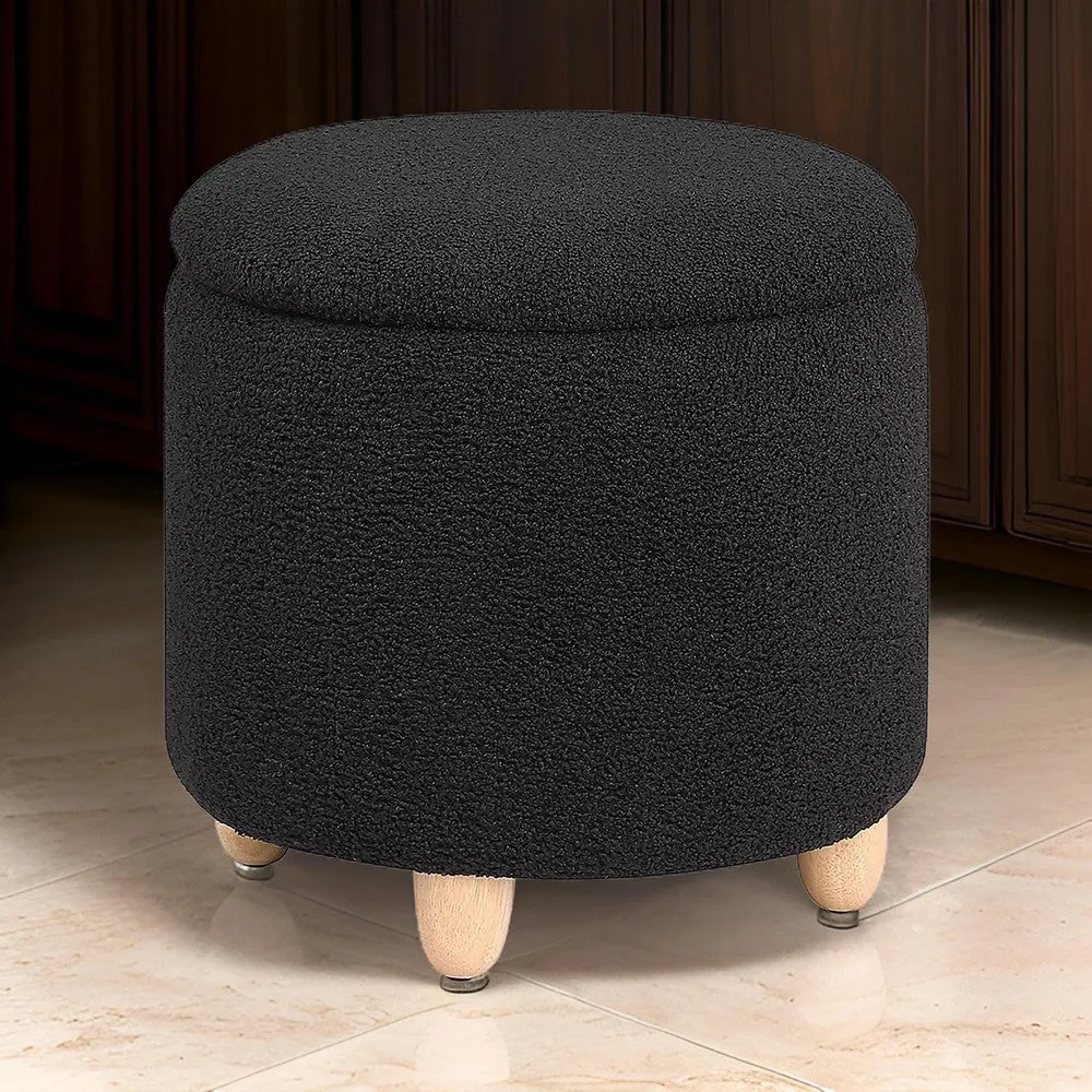 Aia 18 Inch Storage Ottoman, Black Faux Sheepskin, Round Rubberwood Feet By Casagear Home