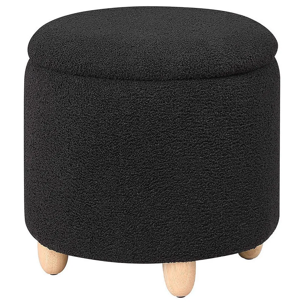 Aia 18 Inch Storage Ottoman, Black Faux Sheepskin, Round Rubberwood Feet By Casagear Home