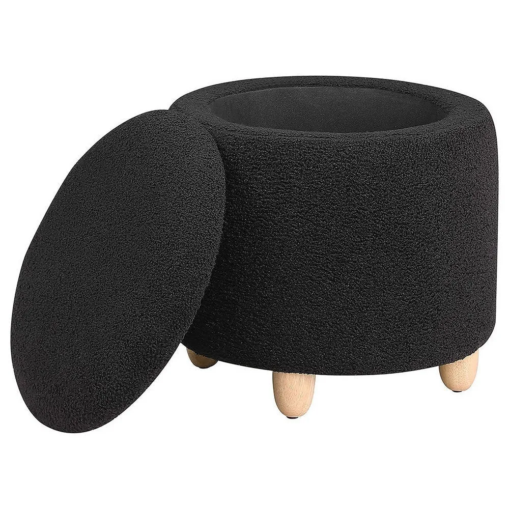 Aia 18 Inch Storage Ottoman, Black Faux Sheepskin, Round Rubberwood Feet By Casagear Home