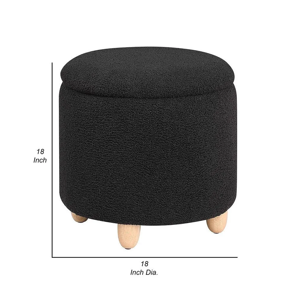 Aia 18 Inch Storage Ottoman, Black Faux Sheepskin, Round Rubberwood Feet By Casagear Home