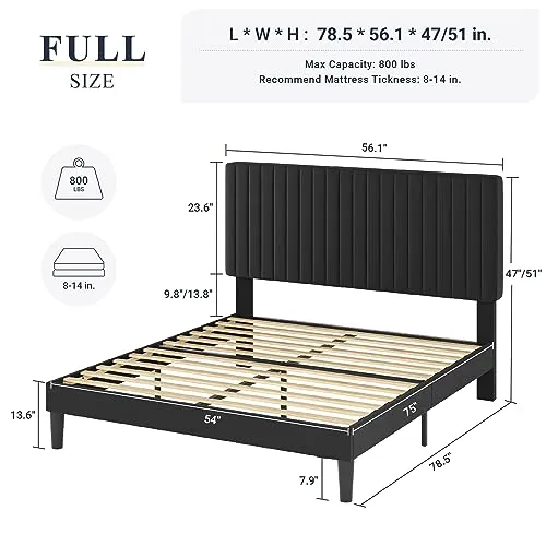 Allewie Full Bed Frame, Velvet Upholstered Platform Bed with Vertical Channel Tufted Headboard, Mattress Foundation with Strong Wooden Slats, Box Spring Optional, Easy Assembly, Black