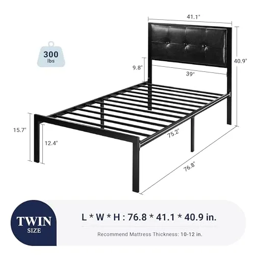 Allewie Twin Bed Frames with Faux Leather Headboard for Kids, Platform Bed Frame with 12.4” Underbed Storage, No Box Spring Needed, Noise Free, Black