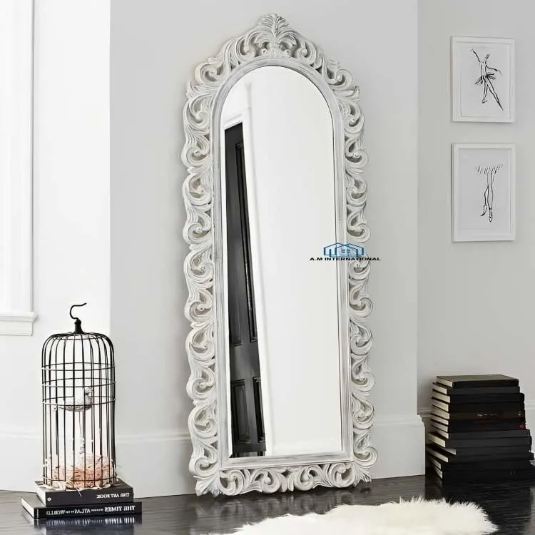 A.M INTERNATIONAL Wooden Carved Wall Mirror Frame Solid Wood, White Distress Finish | with Out Mirror | Size 6 * 2.5 ft (White) (6 * 2.5 ft)