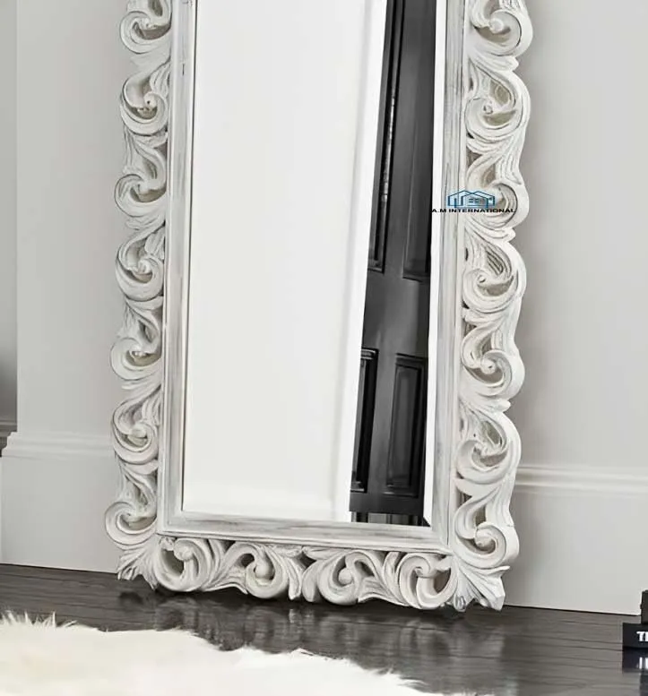 A.M INTERNATIONAL Wooden Carved Wall Mirror Frame Solid Wood, White Distress Finish | with Out Mirror | Size 6 * 2.5 ft (White) (6 * 2.5 ft)