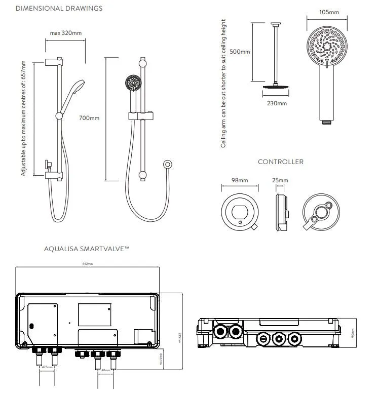 Aqualisa Quartz Touch Smart Divert Concealed Shower with Adjustable and Ceiling Fix Heads Gravity Pumped - QZSTA2BVDVFC23