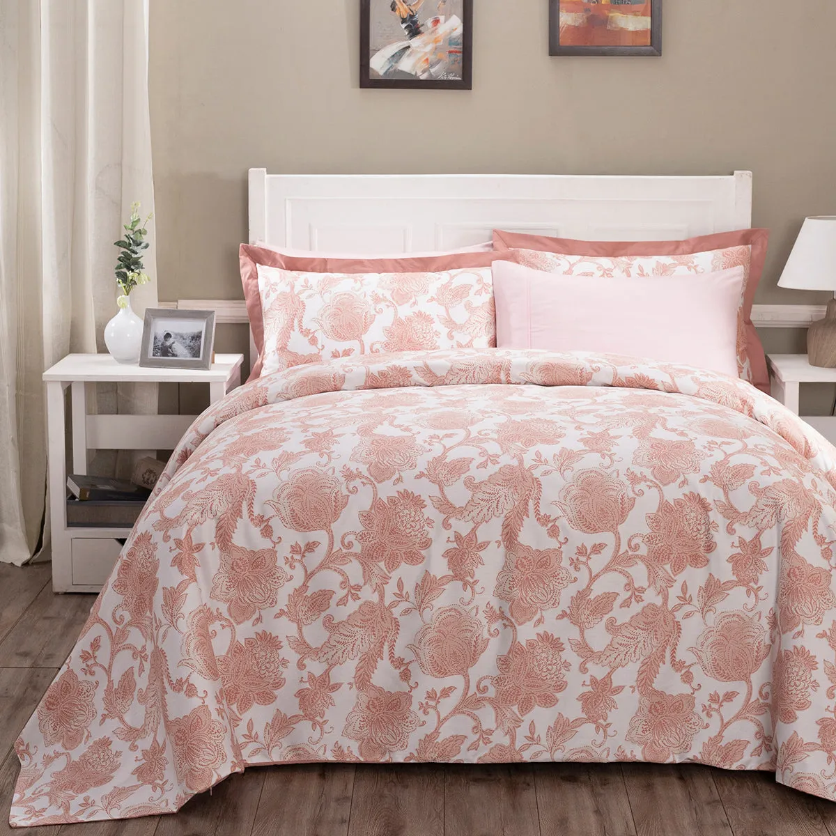 Art Nouveau Mabel Red Plain & Printed Reversible 100% Cotton Super Soft Duvet Cover with Pillow Case