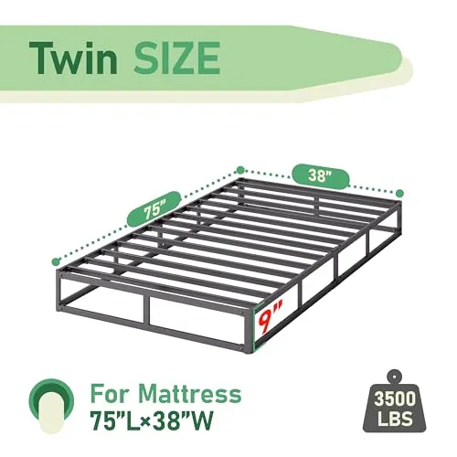 Askeld Twin Bed Frame, 9 Inch High Metal Box Spring with More Steel Slats Support, Sturdy Platform Bedframe Low to Floor, 2000 Lbs Weight Capacity Heavy Duty Mattress Base, Easy Assembly, Black