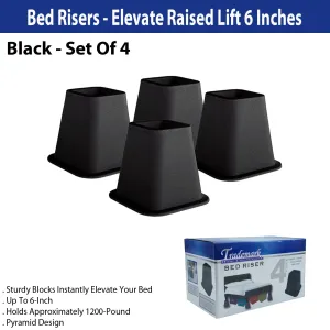 Bed Risers - Elevate Raised Lift 6 Inches - Black - Set Of 4