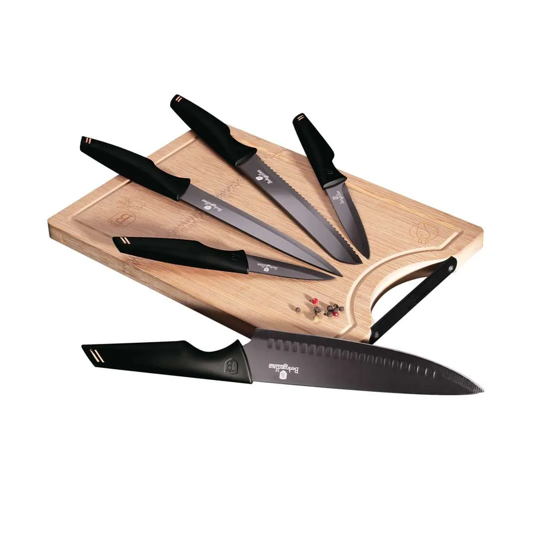 Berlinger Haus 6 Pieces Knife Set with Bamboo Cutting Board Black Rose Gold Collection