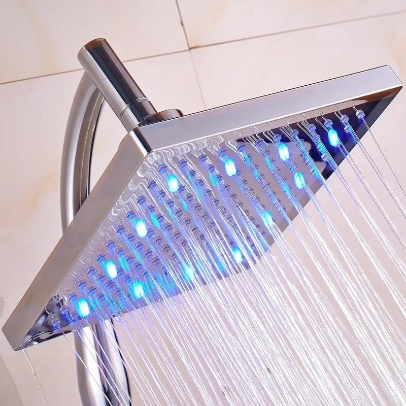 Color Changing Square Shaped Rainfall Shower Head and Handheld Shower With Hose