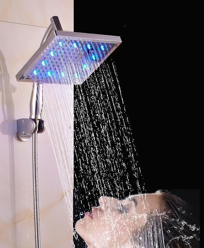 Color Changing Square Shaped Rainfall Shower Head and Handheld Shower With Hose