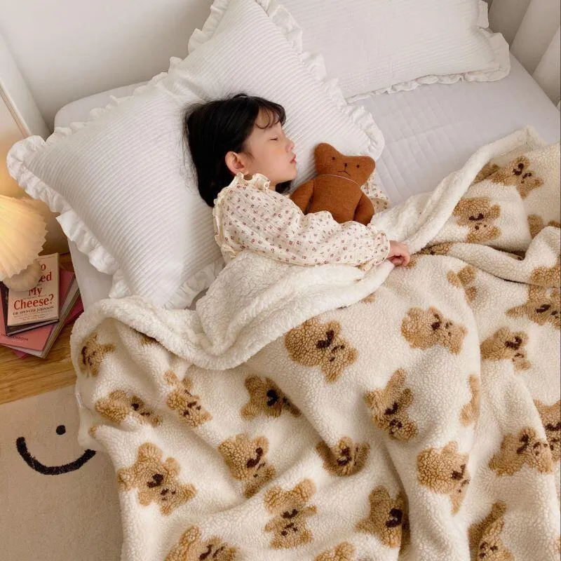 Cute Bear Lamb Wool Blanket for Soft Warmth on Sofa