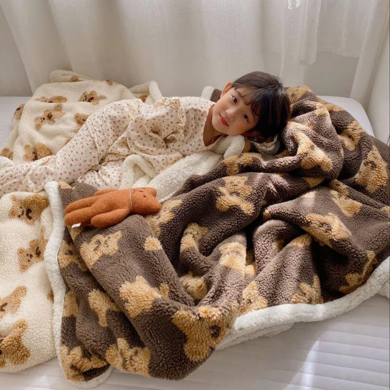 Cute Bear Lamb Wool Blanket for Soft Warmth on Sofa