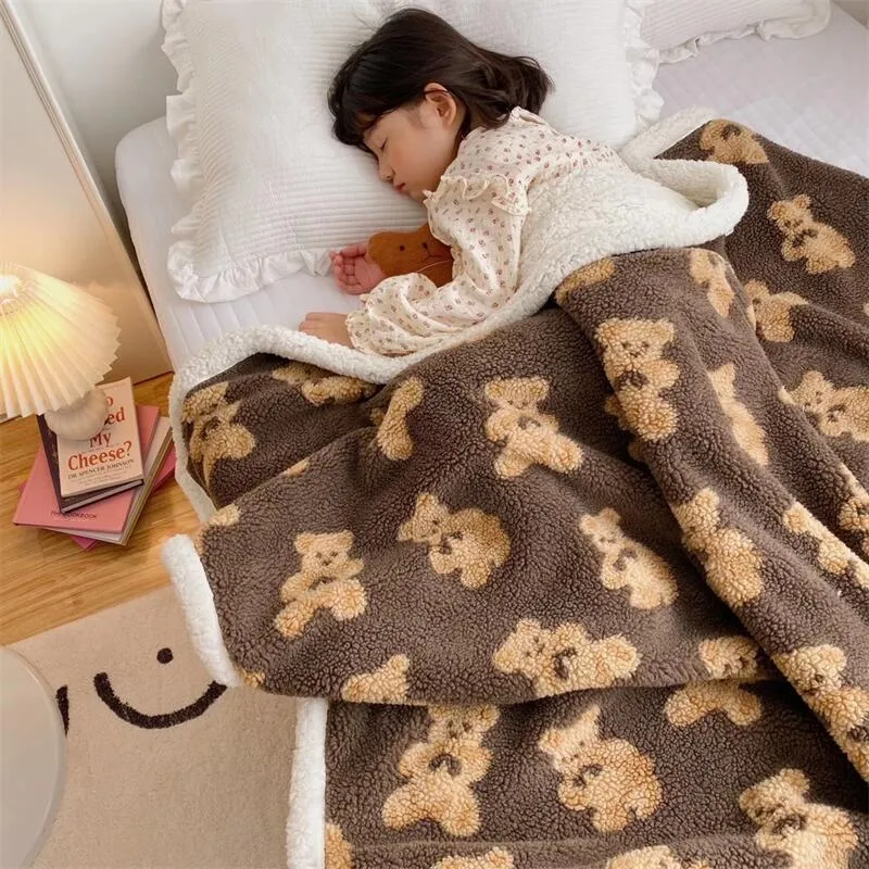 Cute Bear Lamb Wool Blanket for Soft Warmth on Sofa