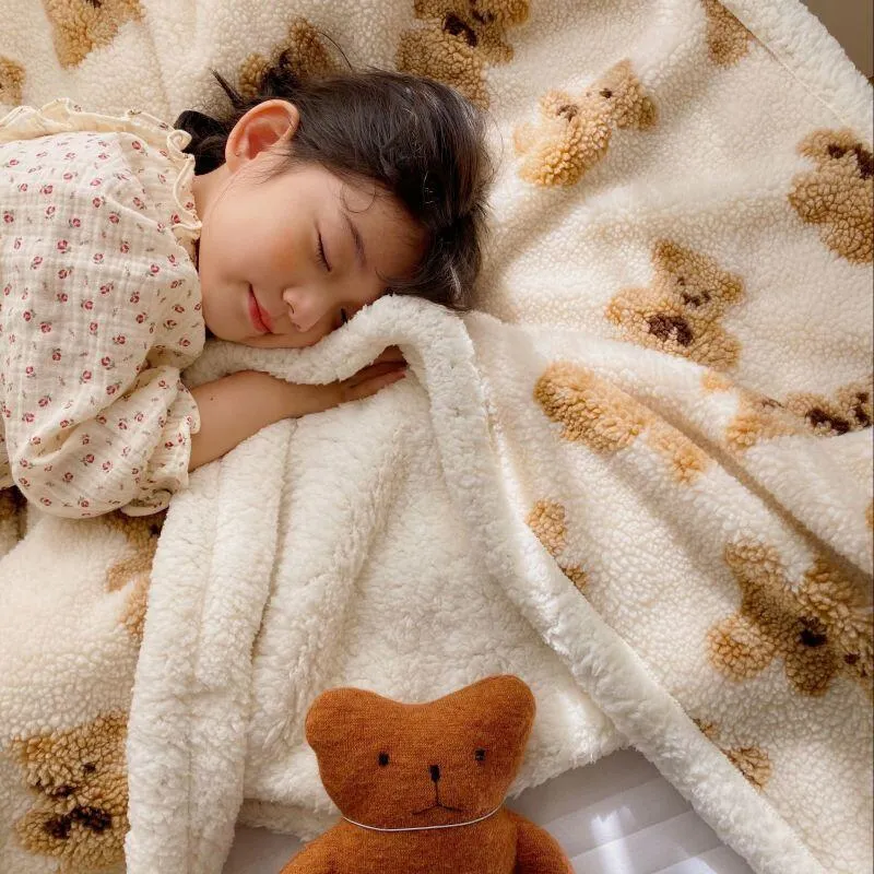 Cute Bear Lamb Wool Blanket for Soft Warmth on Sofa